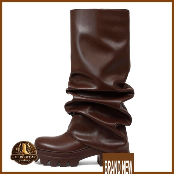 Fold Over Platform Boots Slouchy Wide Calf Pleated Glitter Metallic Chunky Heel